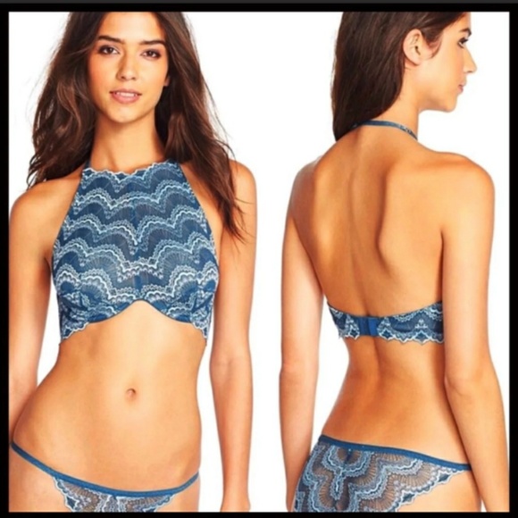 Free People Lace Underwire Blue Halter Bralette - Picture 1 of 5